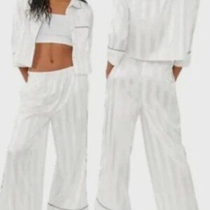 NWT Free People Party Pajama Long Sleeve Satin Wide Leg Matching Set Size Small
